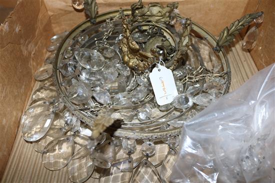 Gilt metal tent and bag chandelier with cut glass drops and cherub suspension (faults)